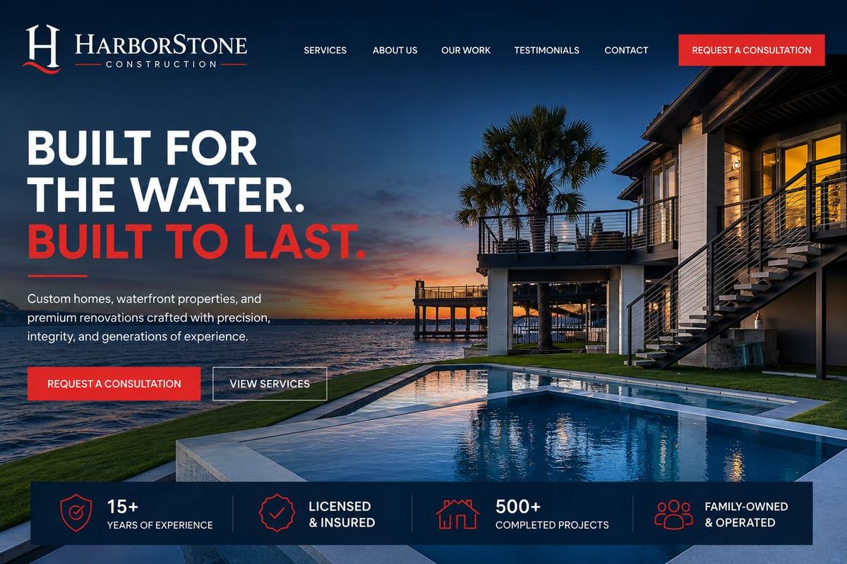HarborStone Construction, waterfront custom home builder website with bold hero and consultation CTA.